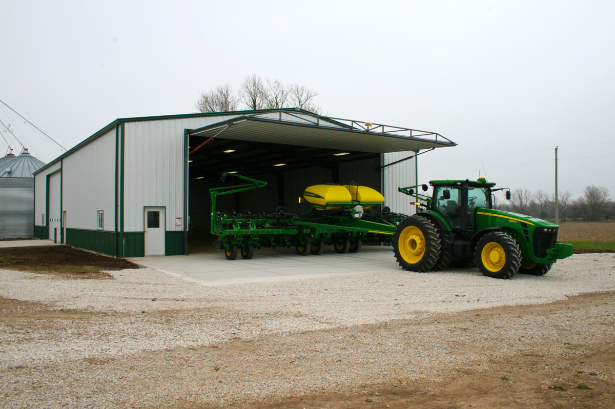 machinery storage building with extra large automated door for large farm equipment