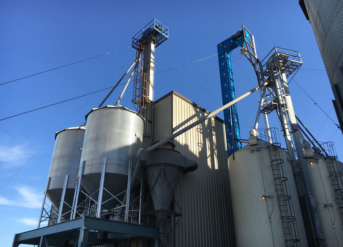 complex grain bin installation at grain processing and storage facility