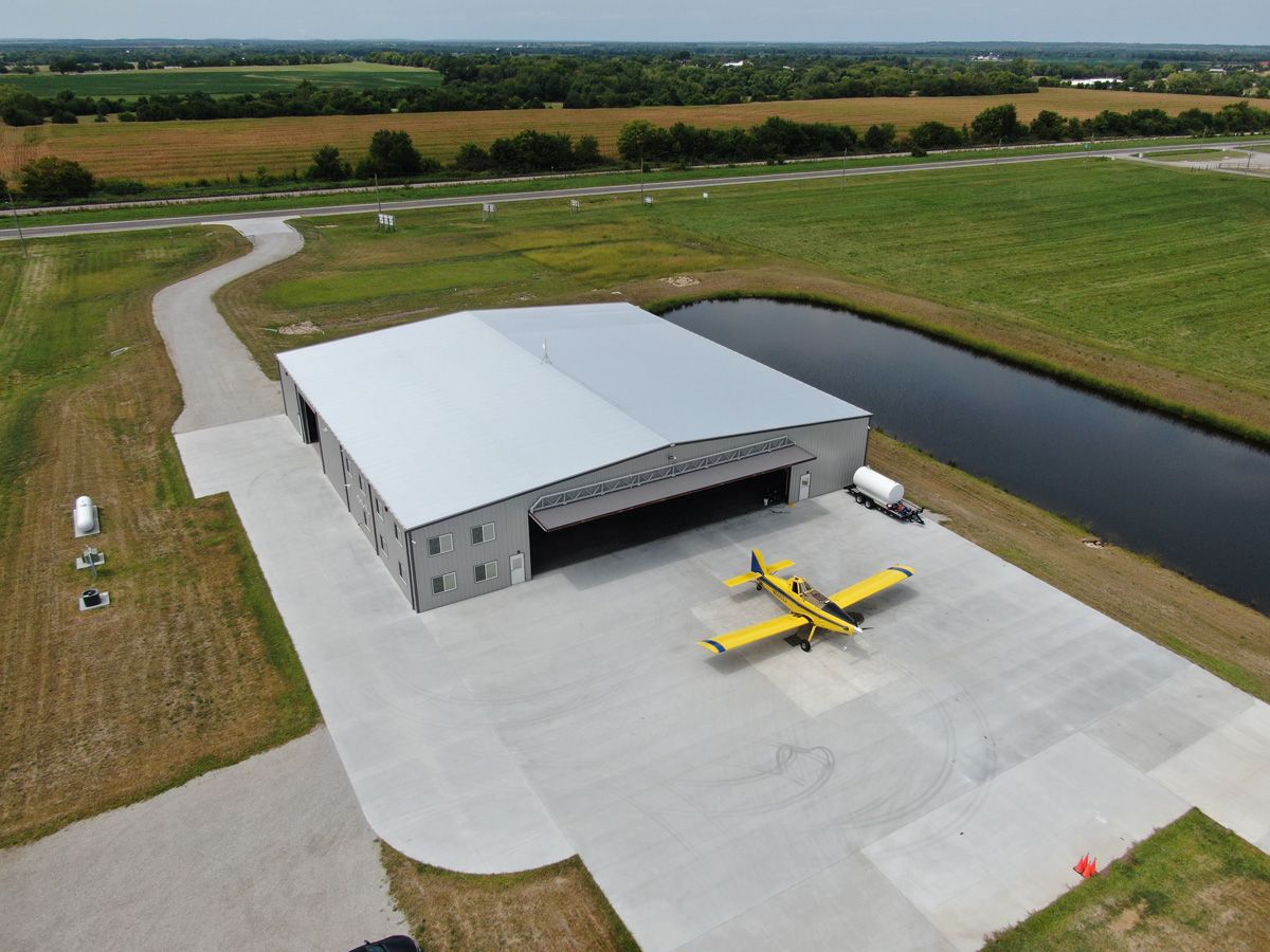 aerial view of custom designed airplane hangar construction